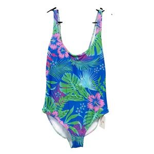Berry Jane Women's Blue Tropical Floral Palm One Piece Swimsuit Size Large